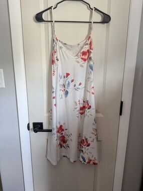 White Floral Slip Dress with Red Rose Print